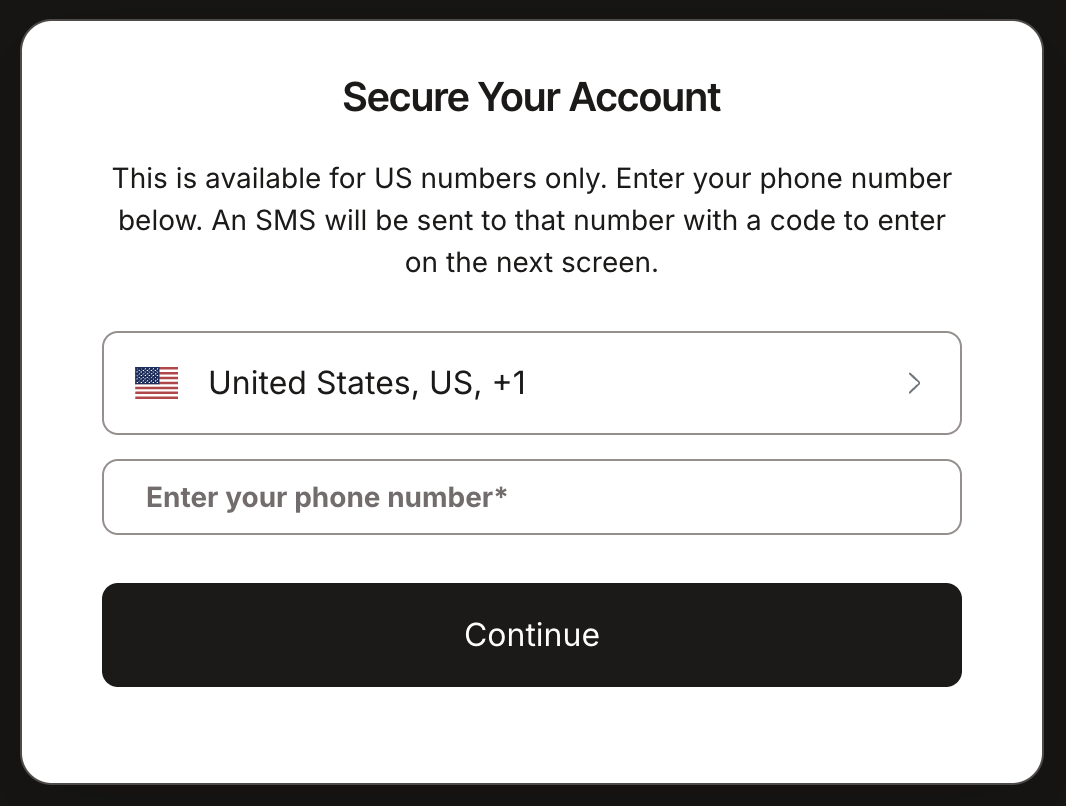 The phone number selection, including a dropdown for country code.